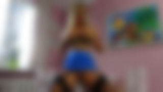 Blonde nylon nymph masturbating in the kitchen